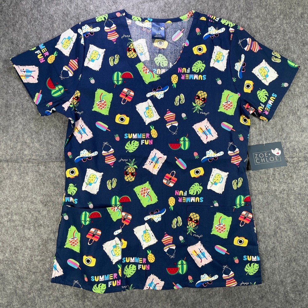 Zoe Chloe NWT Scrub Top Small Blue Sumer Fun Whimsical Print Nursing Medical OT